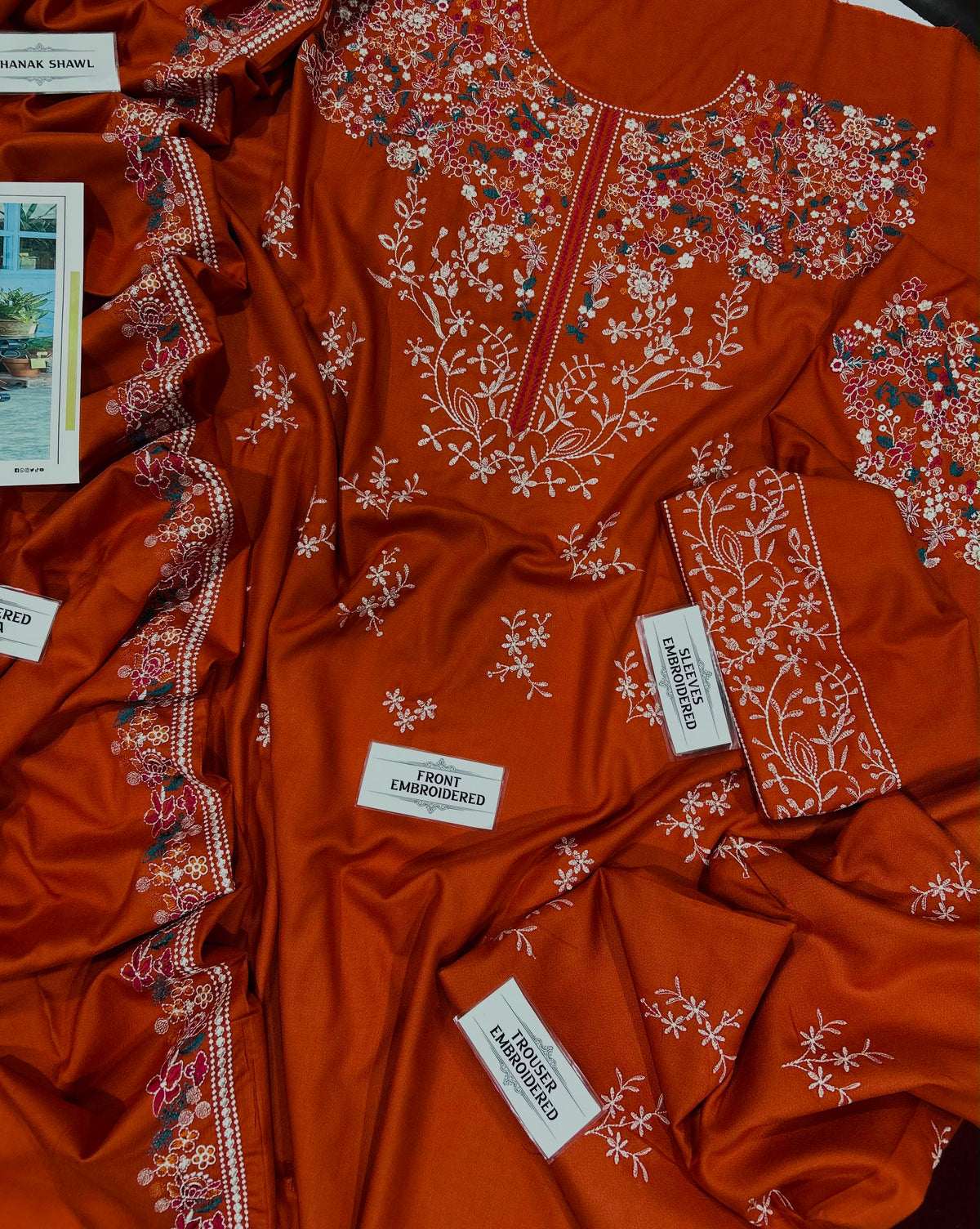 BATIK– 3 Piece Dhanak wool with embroidery shawl-Rust