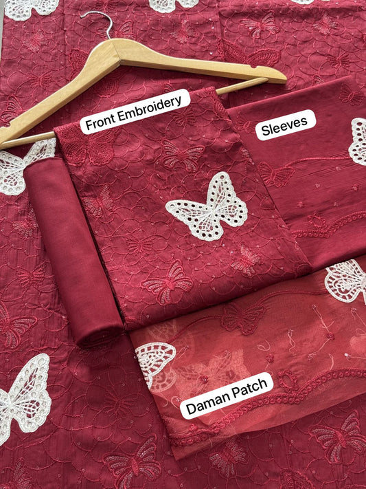 Lawn butterfly 2 PC chikankari with sequins work-Meroon
