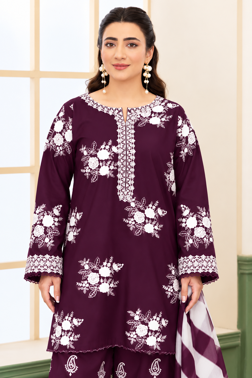 Midnight Bloom – 3 Piece Embroidered dhanak wool-PLUM