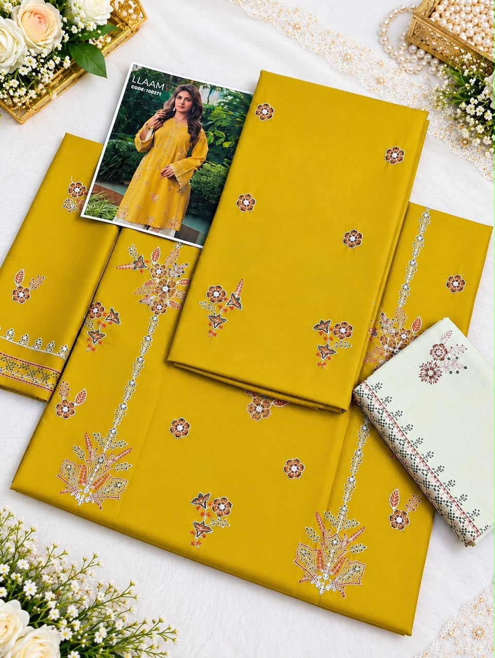 Laam 2 PC Trouser Multi Embroidery Mustard -TS