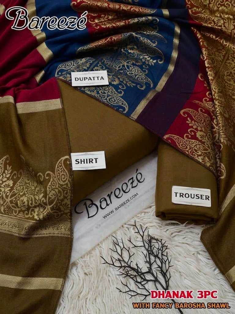 Dhanak wool 3 PC with Brosha Shawl-Tobacco