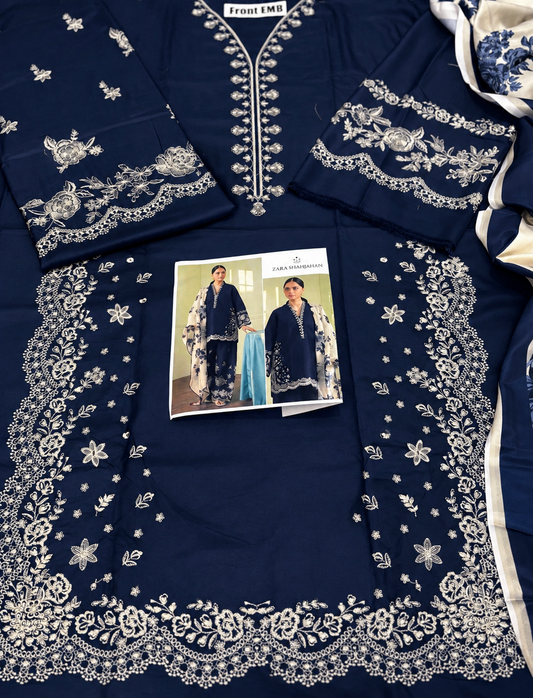 Coco by Zara ShahJahan 3 Piece Dhanak Marina with Printed wool Shawl-Navy