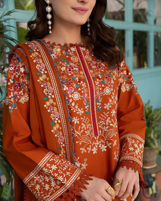 BATIK– 3 Piece Dhanak wool with embroidery shawl-Rust