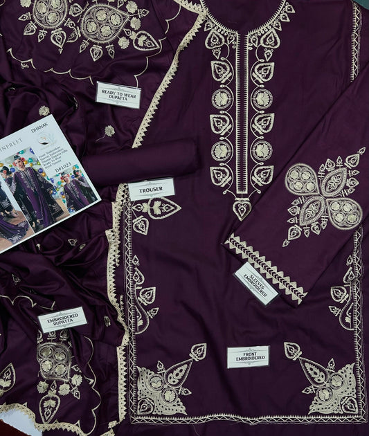 NAIN PREET– 3 Piece winter wool 2 sided Pallu ready to wear shawl-Plum
