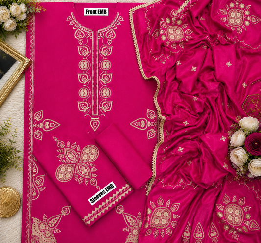 NAIN PREET– 3 Piece winter wool 2 sided Pallu ready to wear shawl-Pink