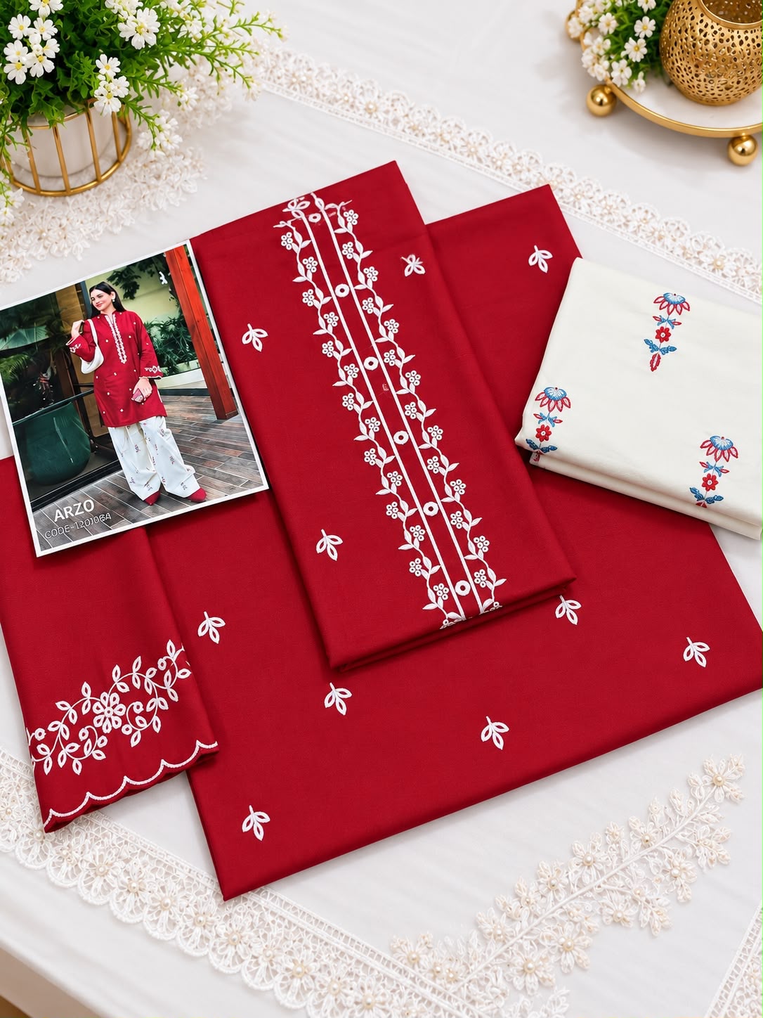 Arzu 2 PC Trouser Embroidery-Red &W-TS