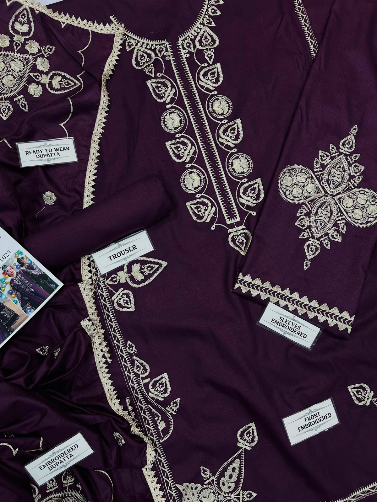 NAIN PREET– 3 Piece winter wool 2 sided Pallu ready to wear shawl-Plum