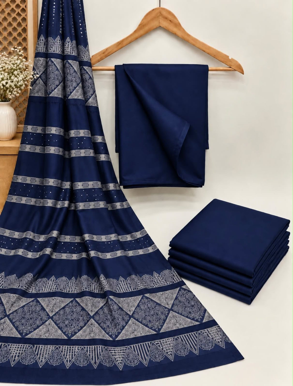 Dhanak wool 3 PC with Brosha Square strips same Shawl-Navy