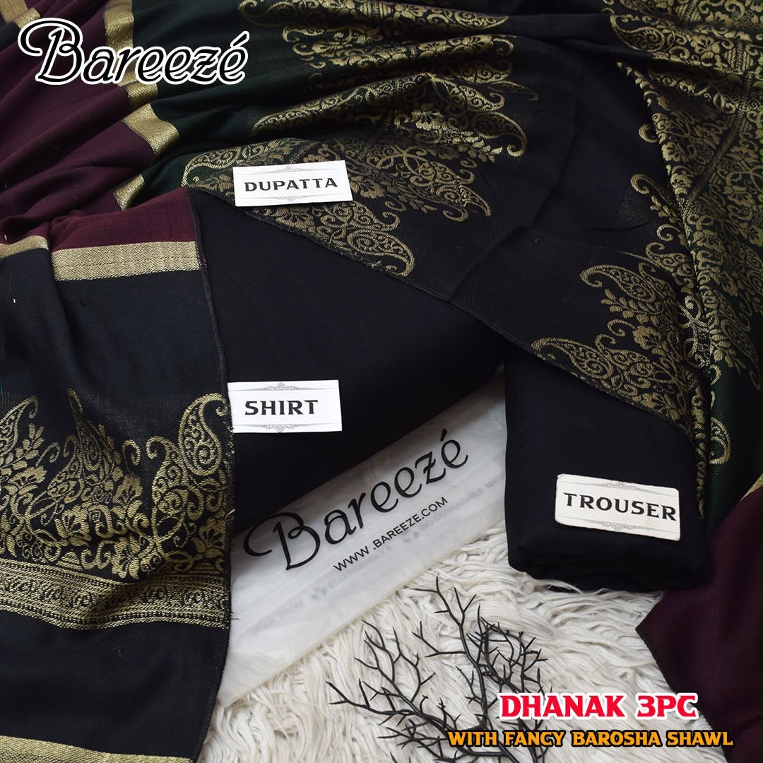 Dhanak wool 3 PC with Brosha Shawl-Black