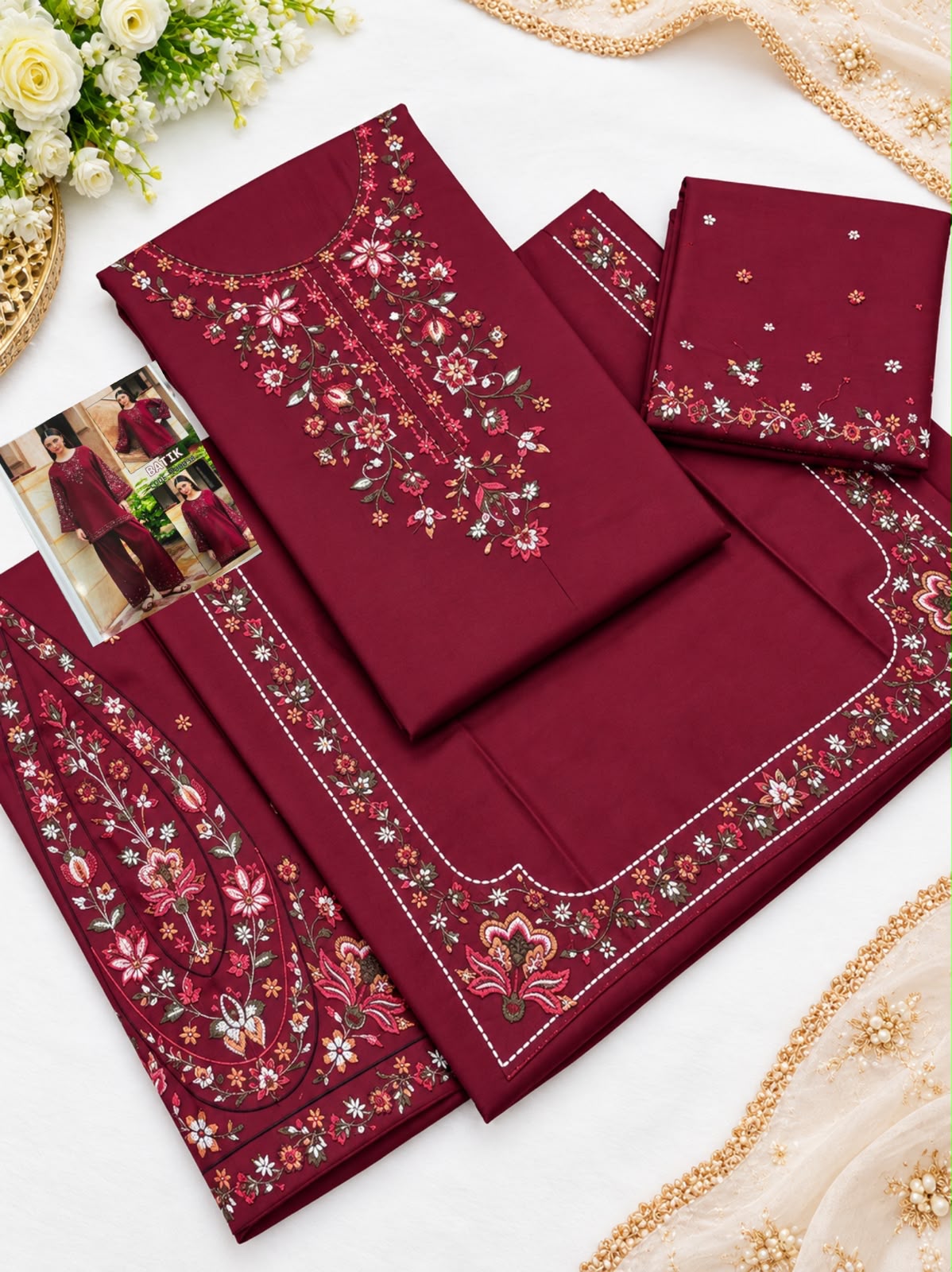 Batik 2 PC Multi Embroidery-Meroon-TS
