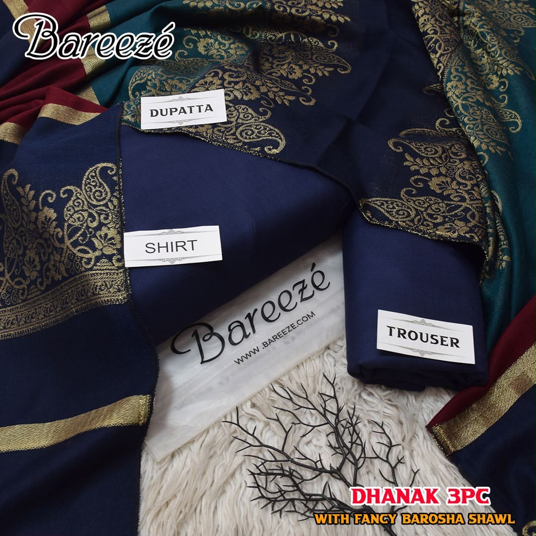 Dhanak wool 3 PC with Brosha Shawl-Navy