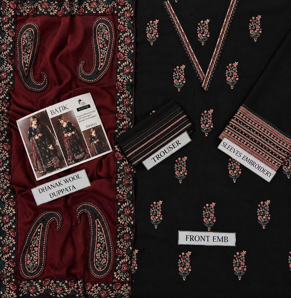 Batik– 3 Piece winter 4 sided Patti and Motif shawl ready to wear-B&M