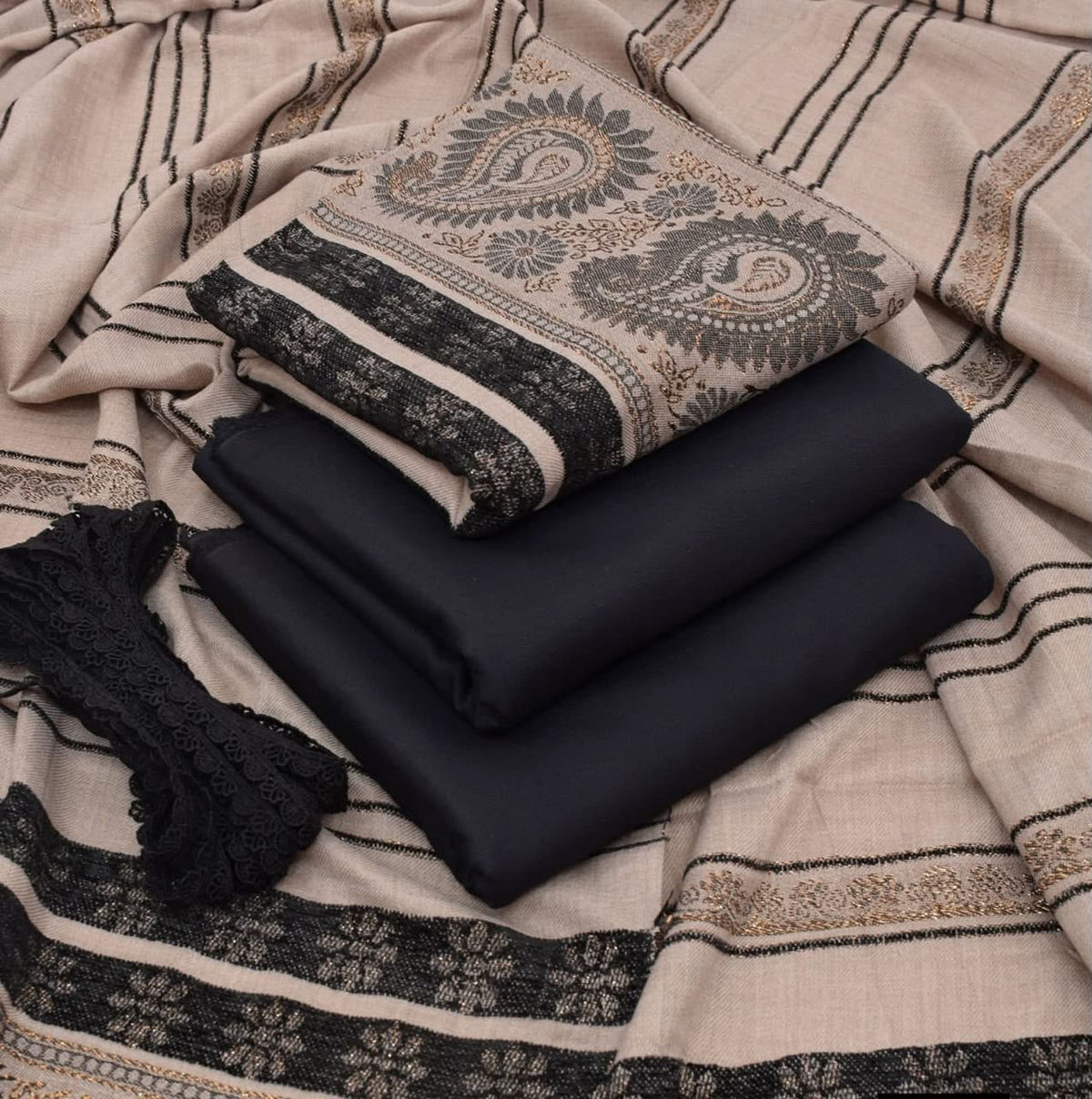 Dhanak wool 3 PC Contrast JACQUARD VELVET PATI PURE WOOL 3D-Black