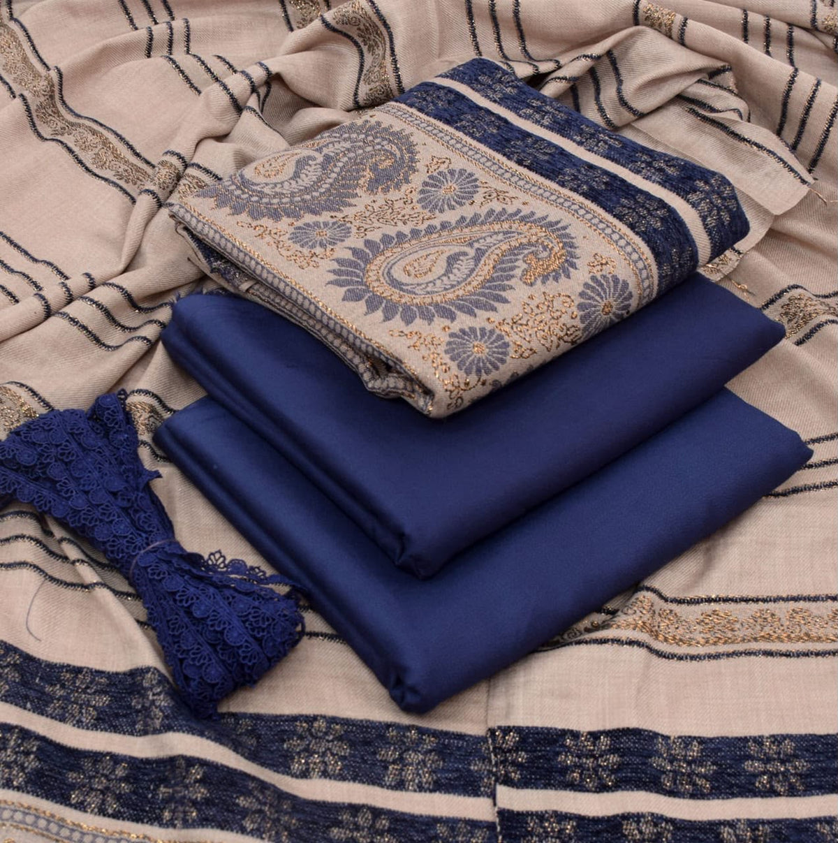 Dhanak wool 3 PC Contrast JACQUARD VELVET PATI PURE WOOL 3D-Navy