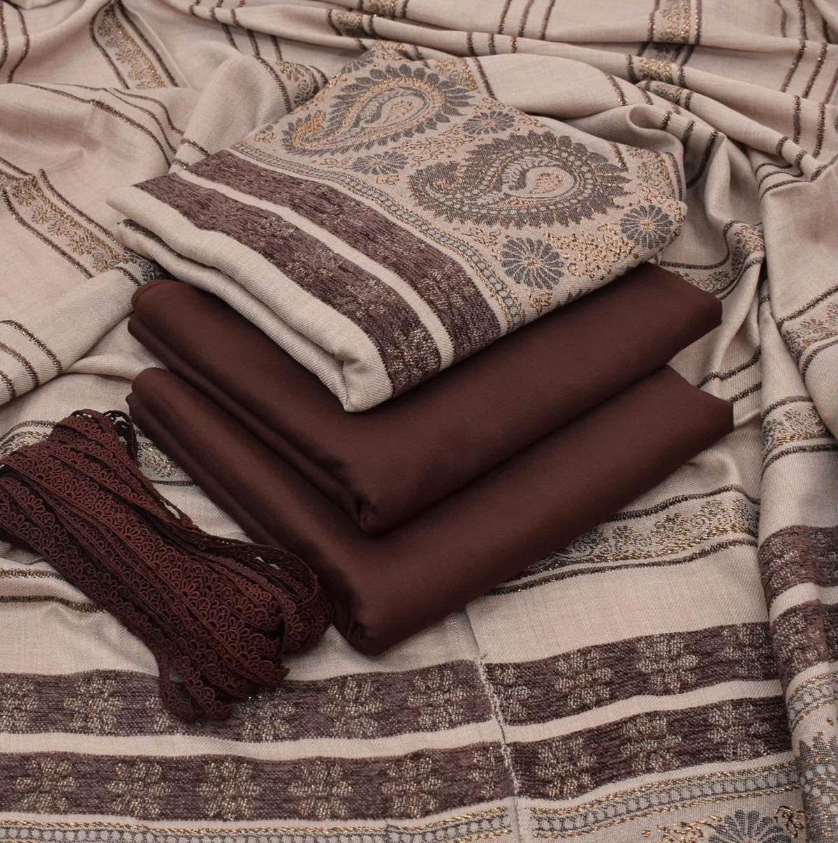 Dhanak wool 3 PC Contrast JACQUARD VELVET PATI PURE WOOL 3D-Chocolate