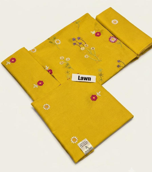 2pc Premium Pure Lawn Floral Embroidered-Mustard