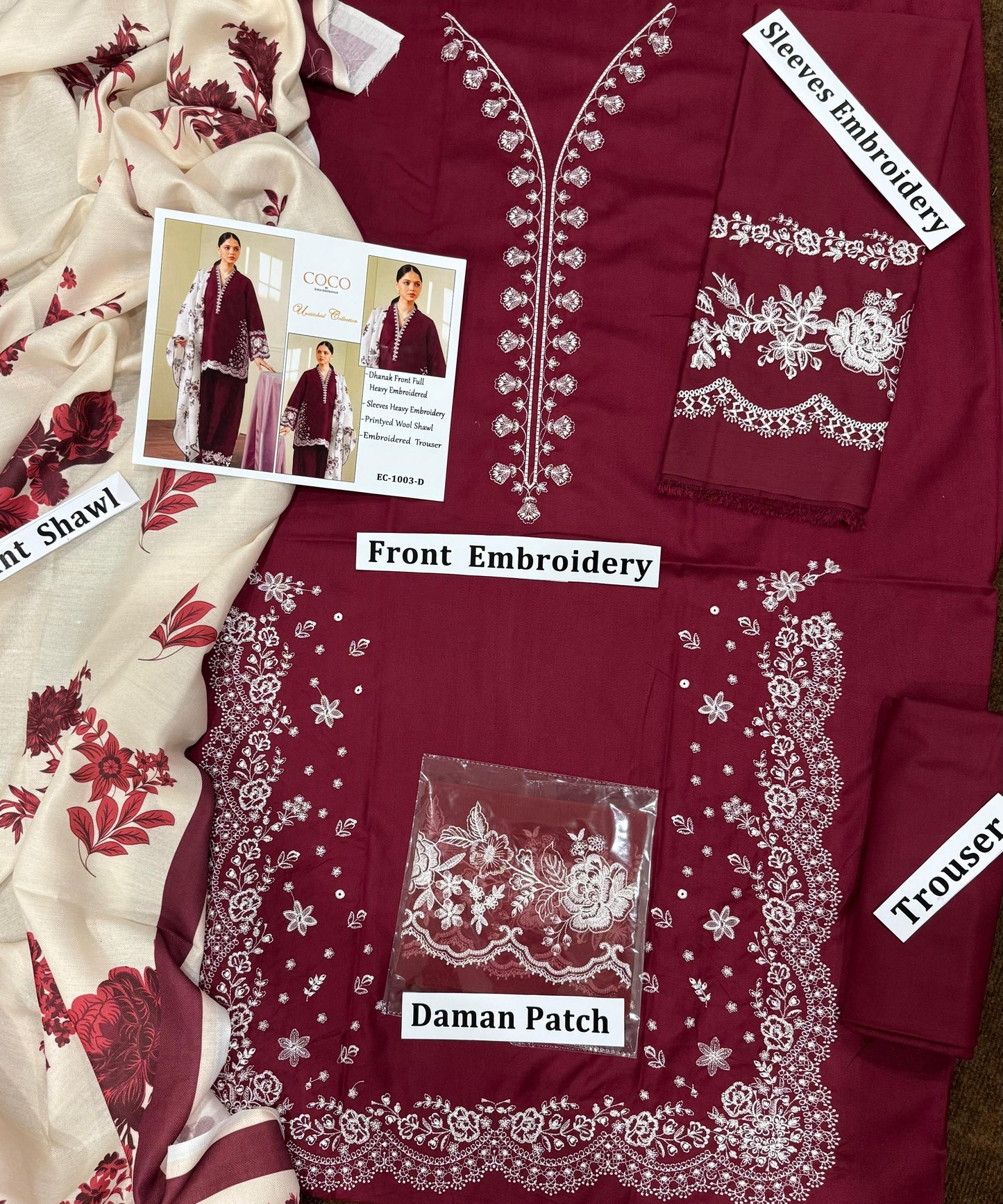 Coco by Zara Shah Jahan 3 Piece Dhanak Marina with Printed wool Shawl