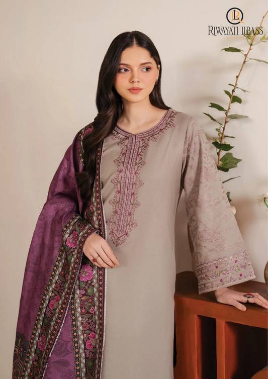 Garnet 3 Piece Dhanak Marina with Printed wool Shawl