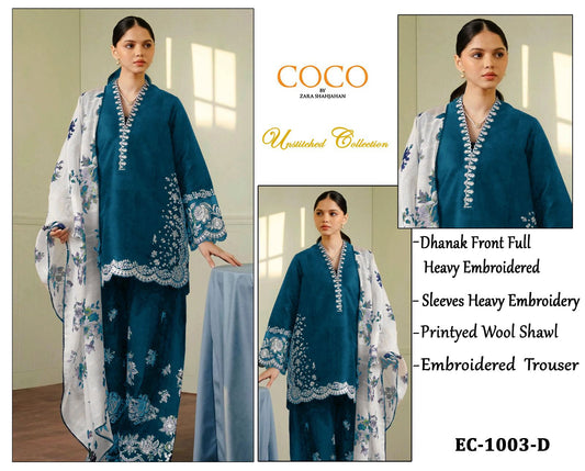 Coco by Zara Shahjahan 3 Piece Dhanak Marina with Printed wool Shawl