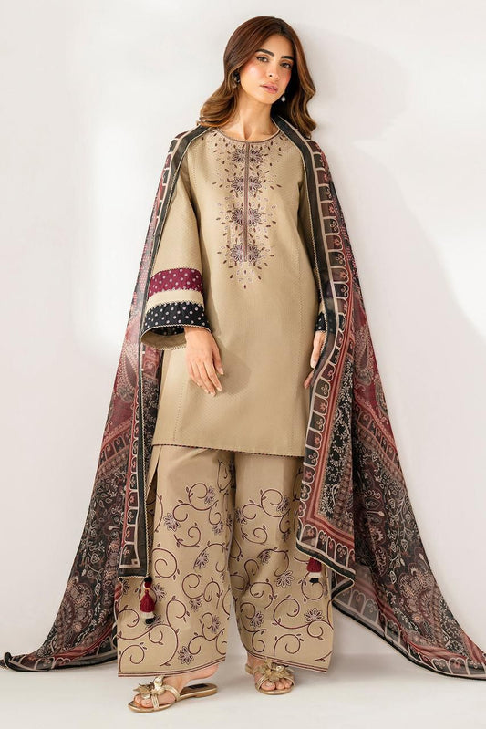 Jazmin-3PC DHANAK EMBROIDERED SHIRT WITH TWILL PRINTED SHAWL AND TROUSER