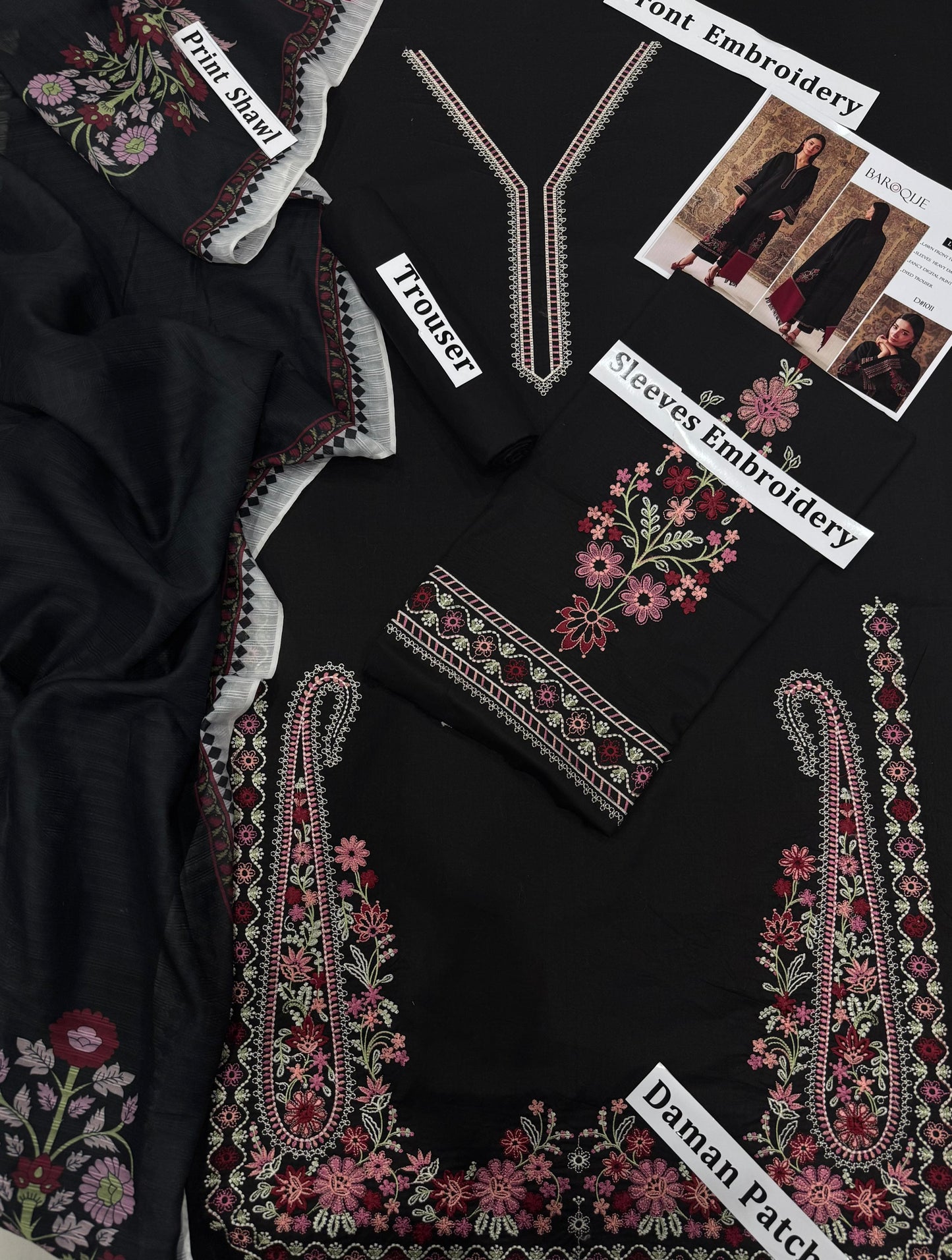 Baroque-Lawn 3 PC Embroidery with swiss bana Dora voil digital print Duppata