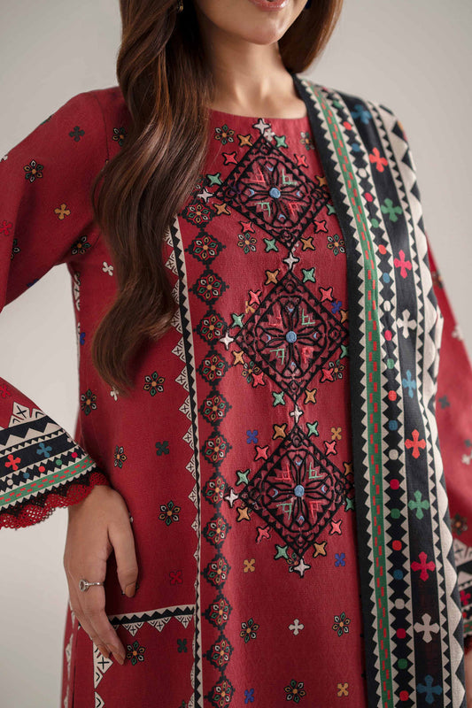Nishat-3PC DHANAK EMBROIDERED SHIRT WITH TWILL PRINTED SHAWL AND TROUSER