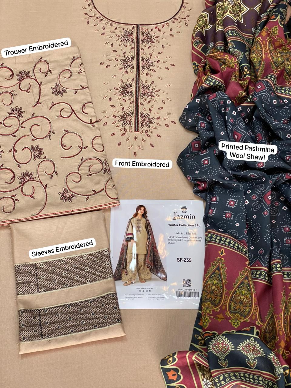 Jazmin-3PC DHANAK EMBROIDERED SHIRT WITH TWILL PRINTED SHAWL AND TROUSER