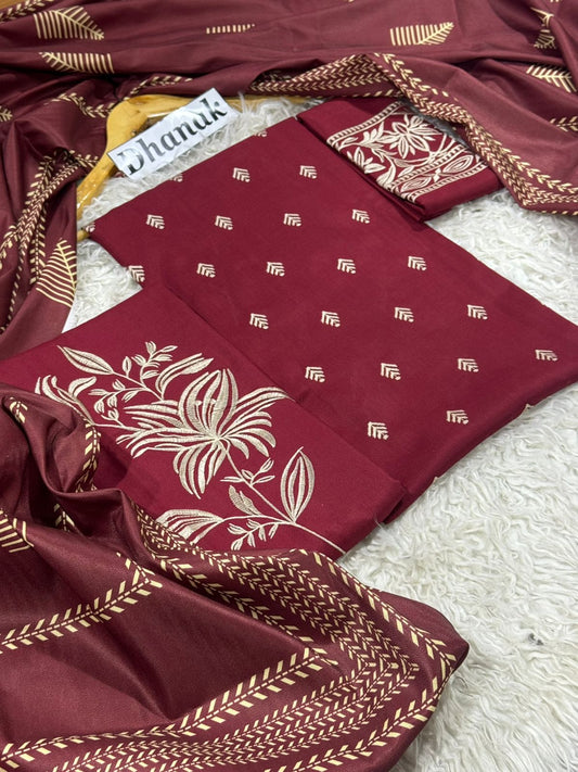 Sapphire-3PC DHANAK EMBROIDERED SHIRT WITH TWILL PRINTED SHAWL AND TROUSER
