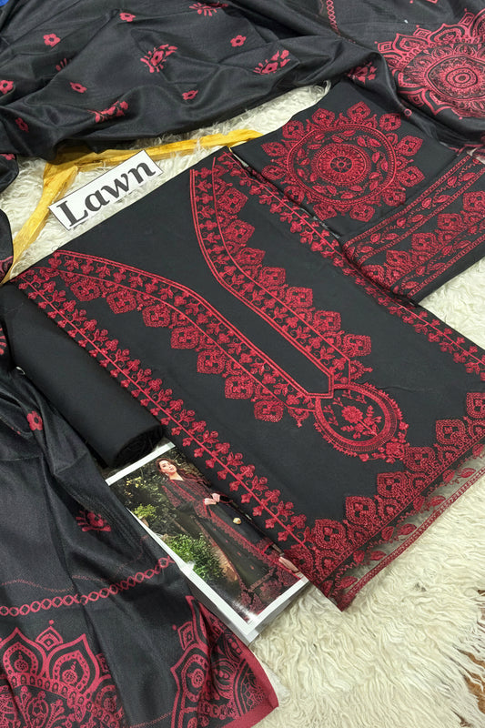 Embroidered 3pc Aneela's-Black Meroon
