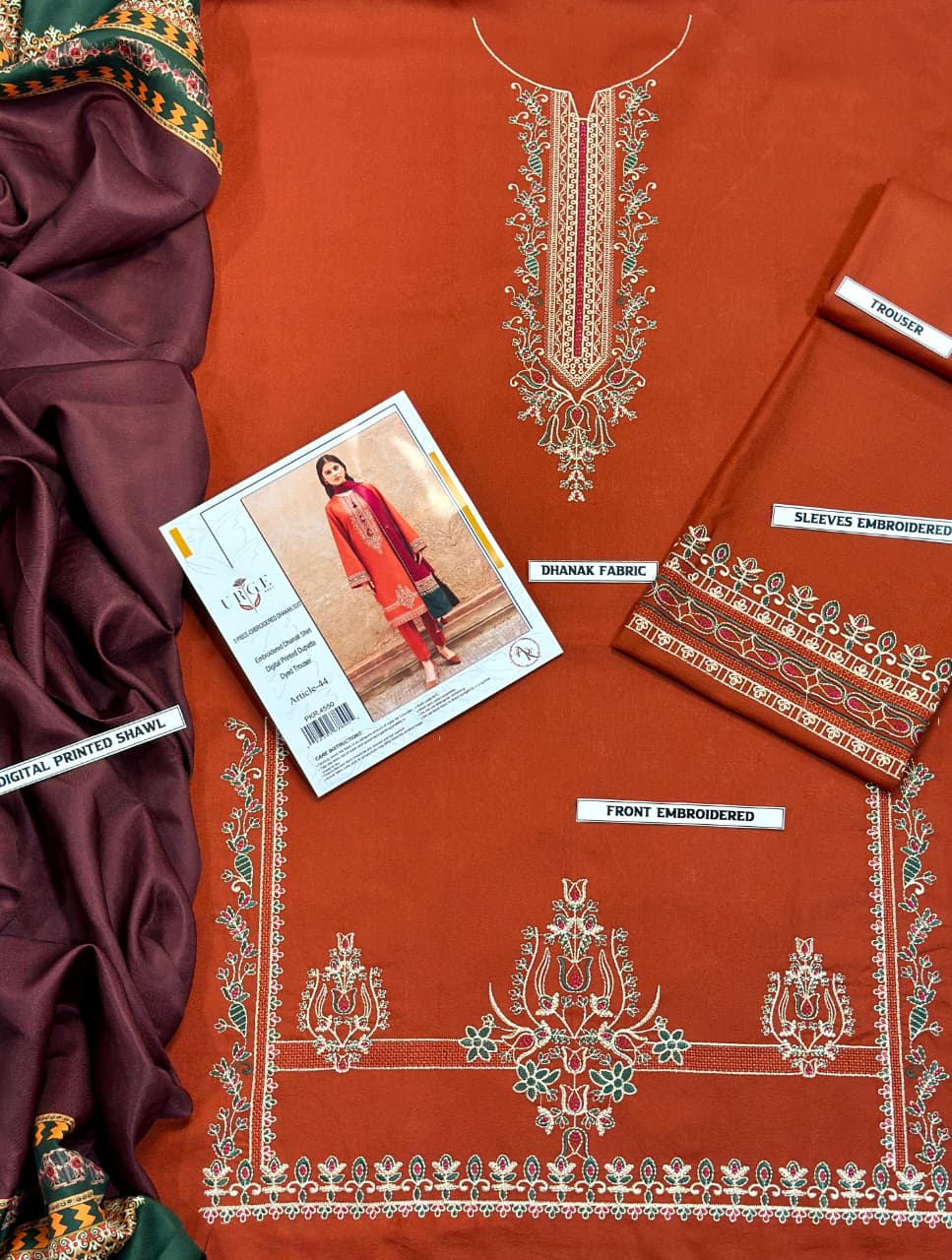 Jazmin-3PC DHANAK EMBROIDERED SHIRT WITH TWILL PRINTED SHAWL AND TROUSER