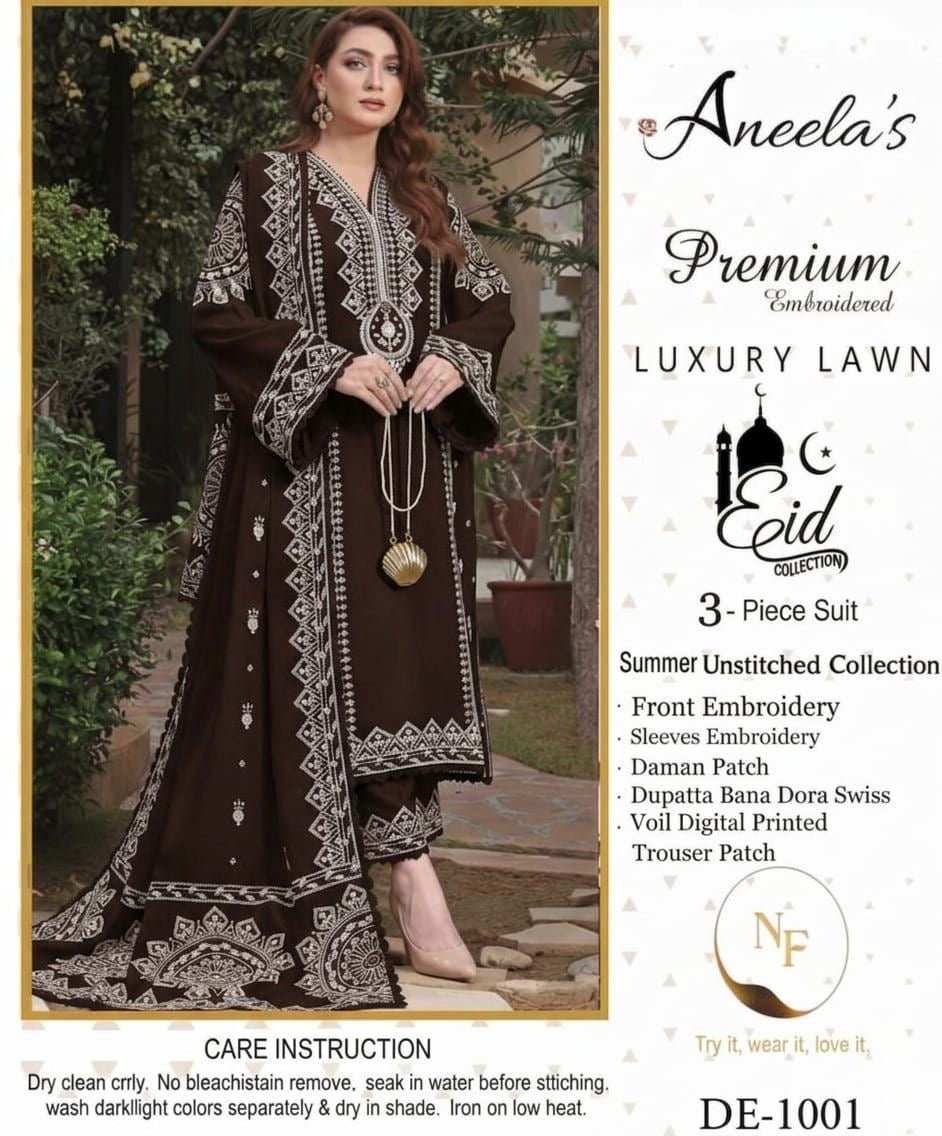 Embroidered 3pc Aneela's-Chocolate