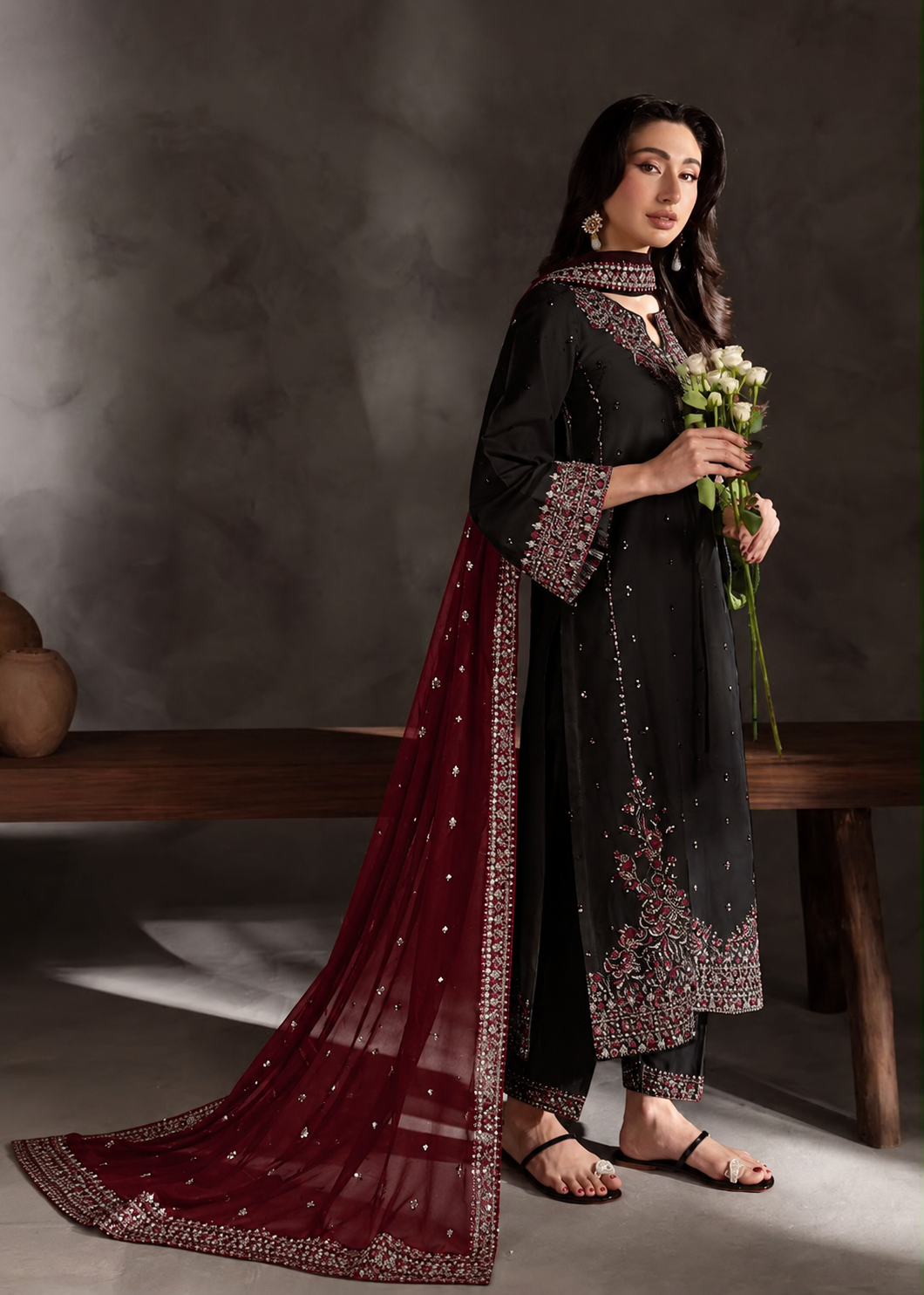 Batik– 3 Piece winter ready to wear contrast Shawl-Black