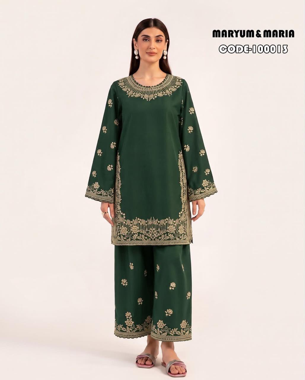 M & Maria 2 PC Trouser Embroidery Dark Green TS