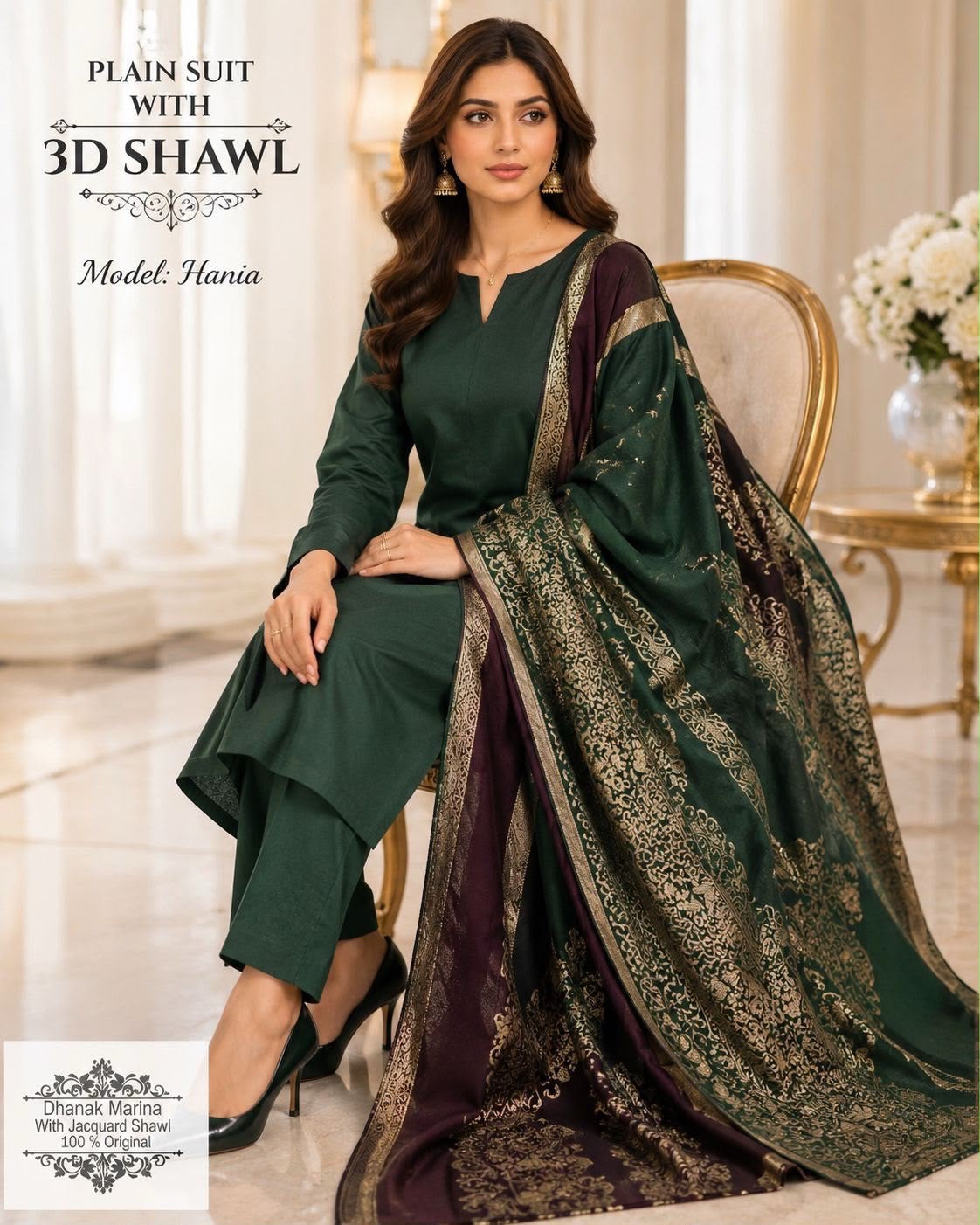 Dhanak wool 3 PC with Brosha Shawl-B Green