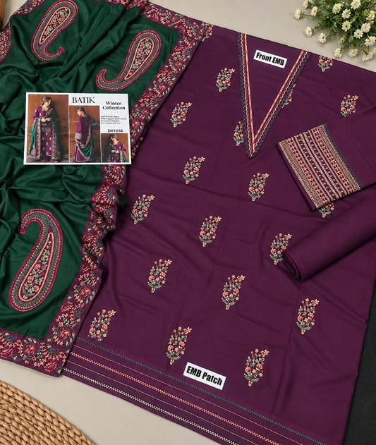 Batik– 3 Piece winter 4 sided Patti and Motif shawl ready to wear-P&G