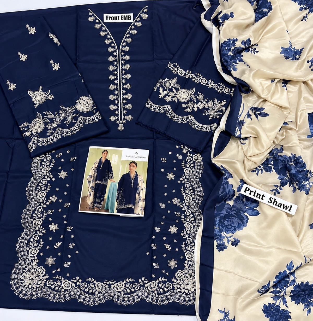 Coco by Zara ShahJahan 3 Piece Dhanak Marina with Printed wool Shawl-Navy