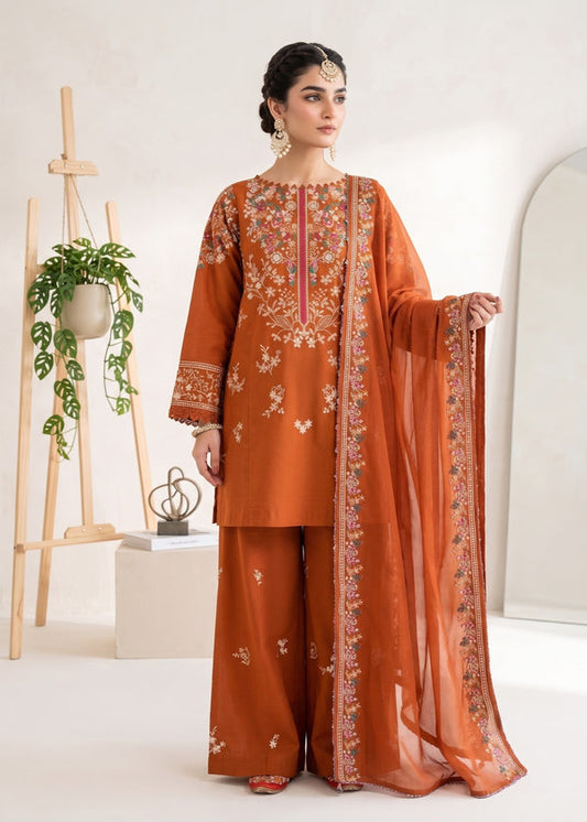 BATIK– 3 Piece Dhanak wool with embroidery shawl-Rust
