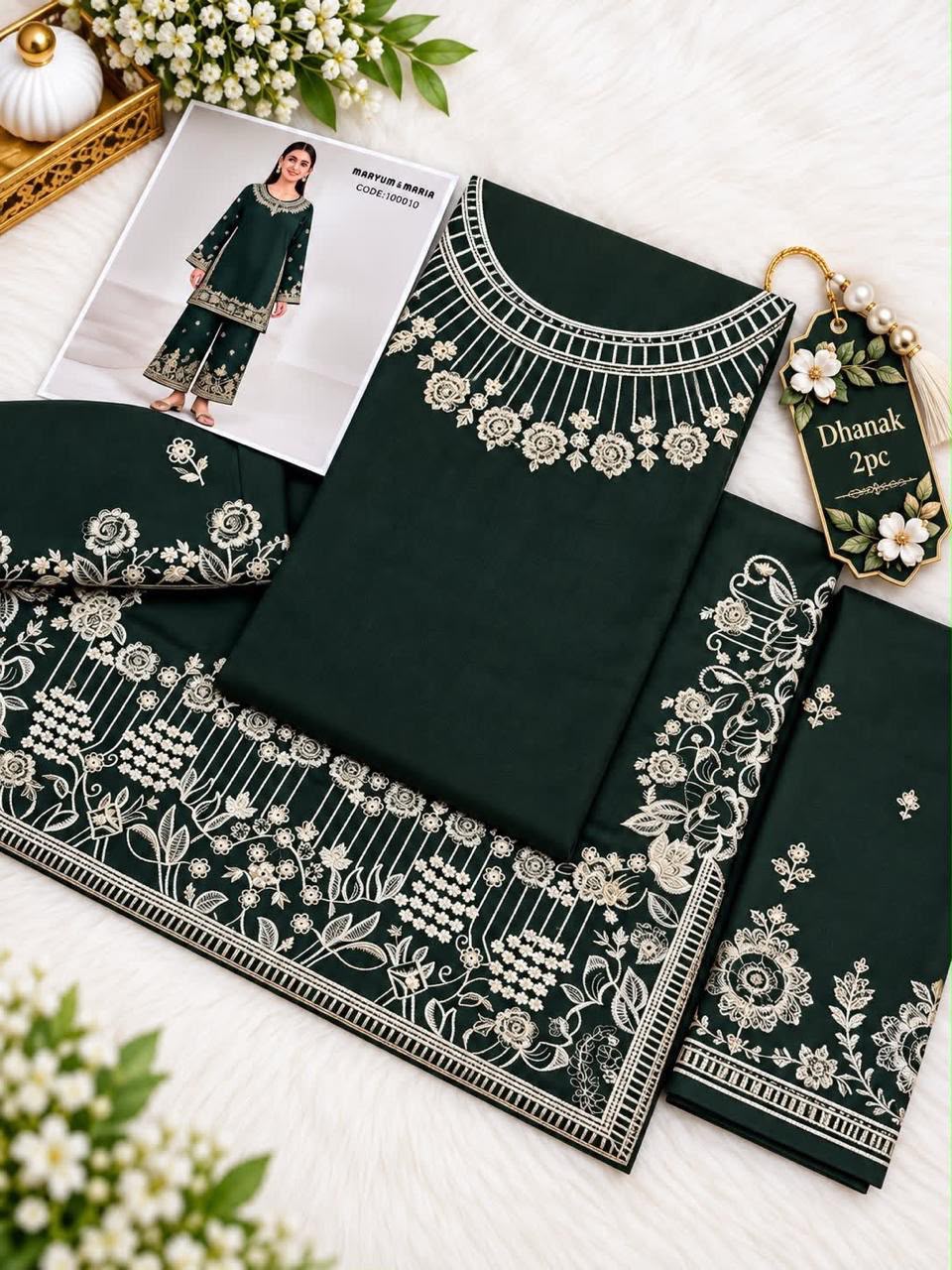 M & Maria 2 PC Trouser Embroidery Dark Green TS