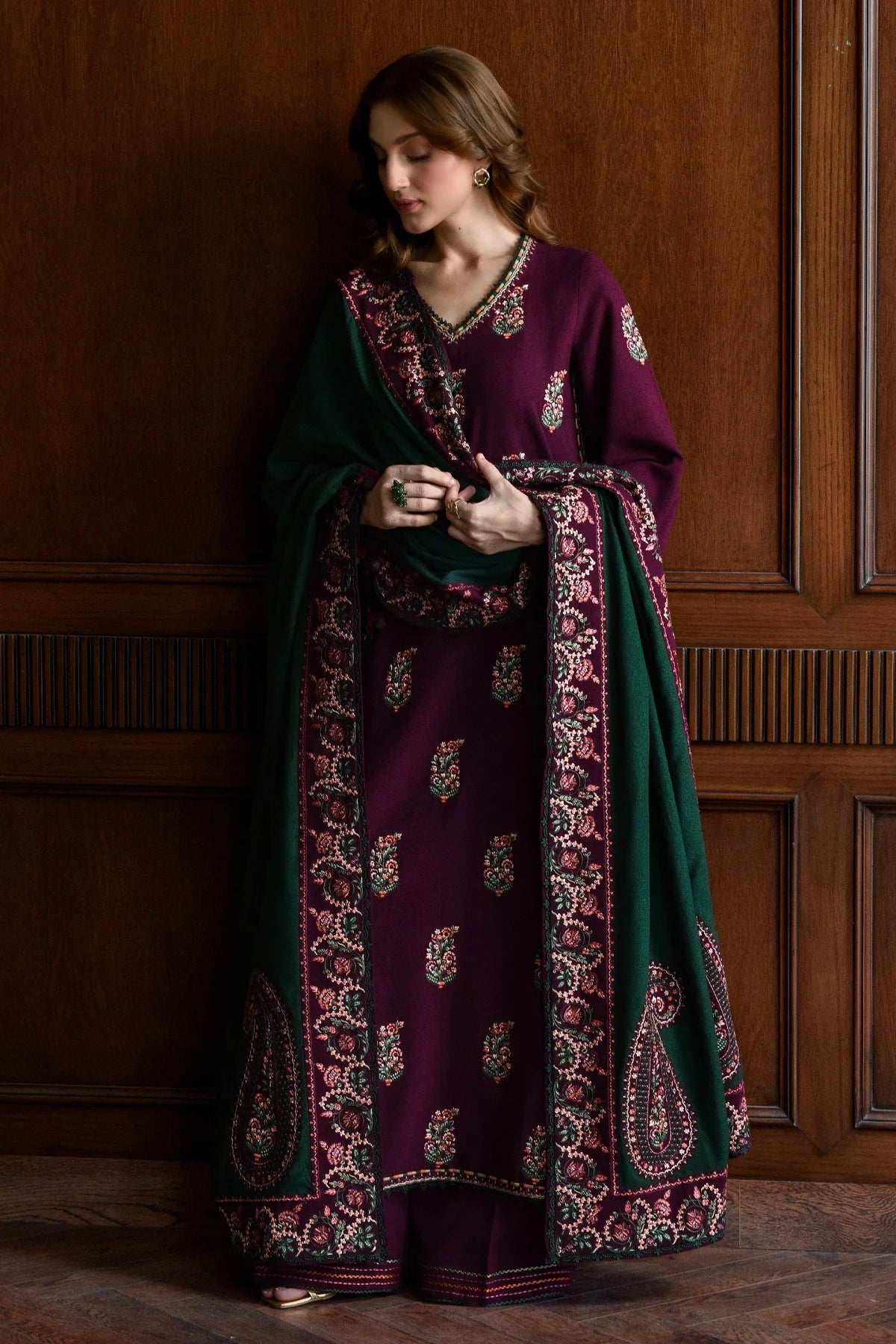 Batik– 3 Piece winter 4 sided Patti and Motif shawl ready to wear-P&G