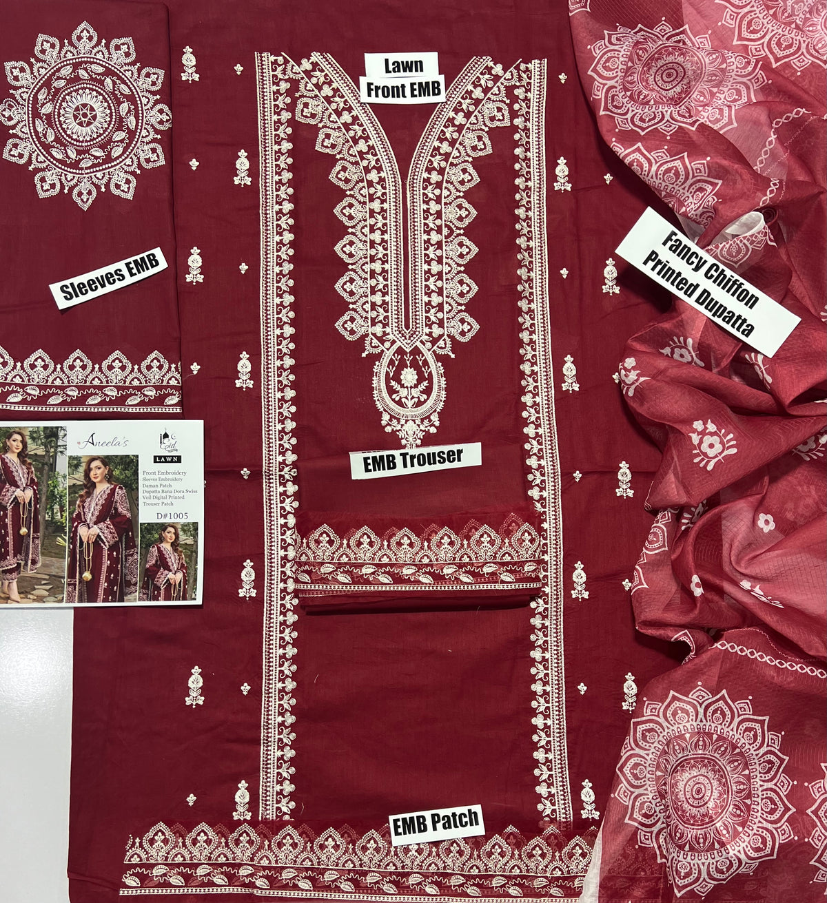 Embroidered 3pc Aneela's-Maroon