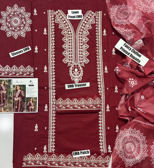 Embroidered 3pc Aneela's-Maroon