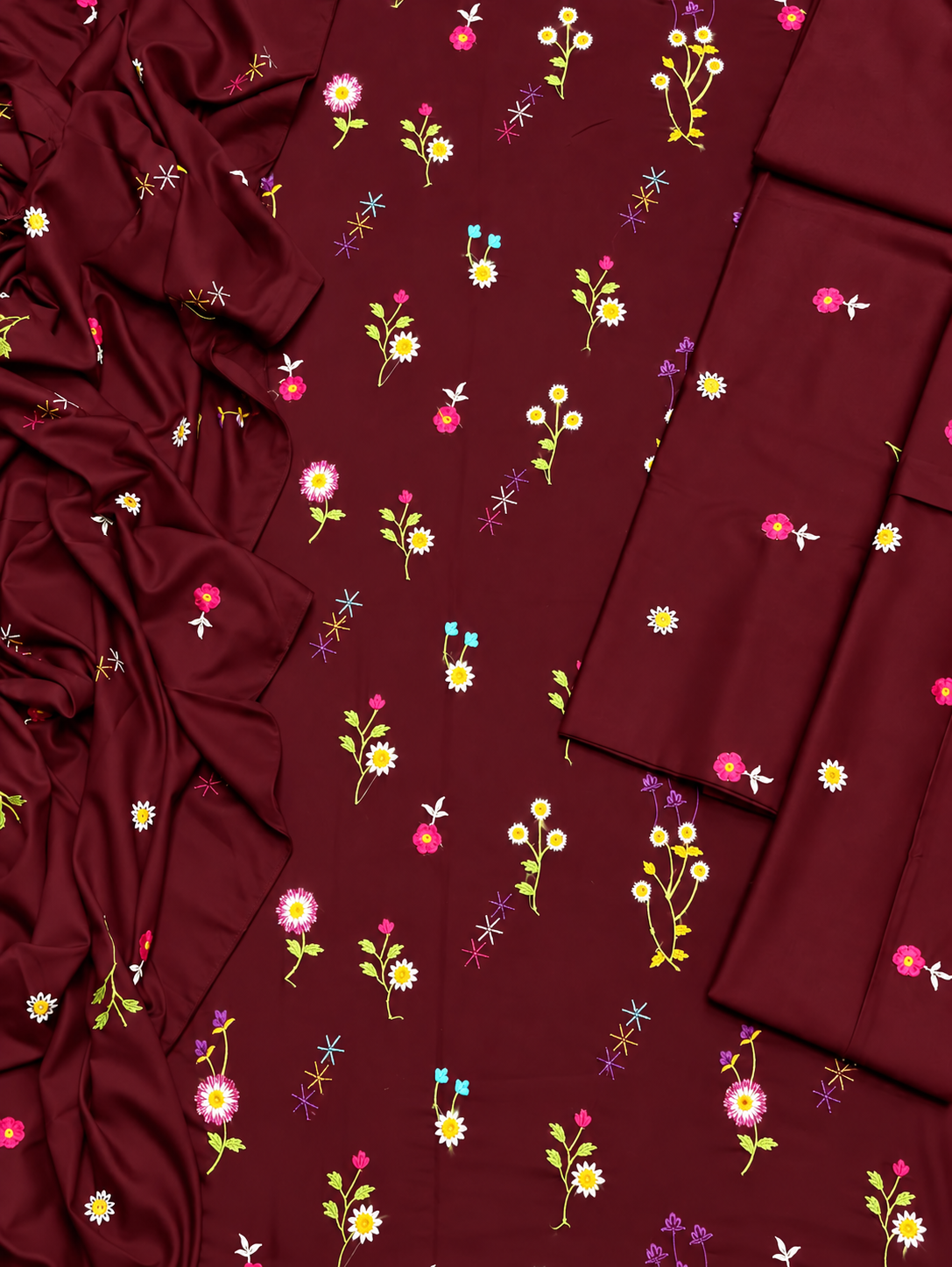 Floral Dhanak wool 3 PC-Meroon Dark