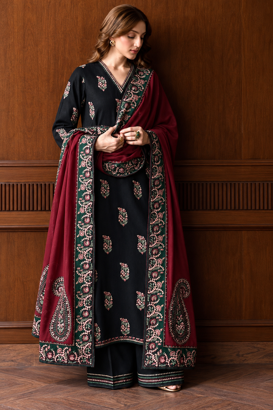 Batik– 3 Piece winter 4 sided Patti and Motif shawl ready to wear-B&M