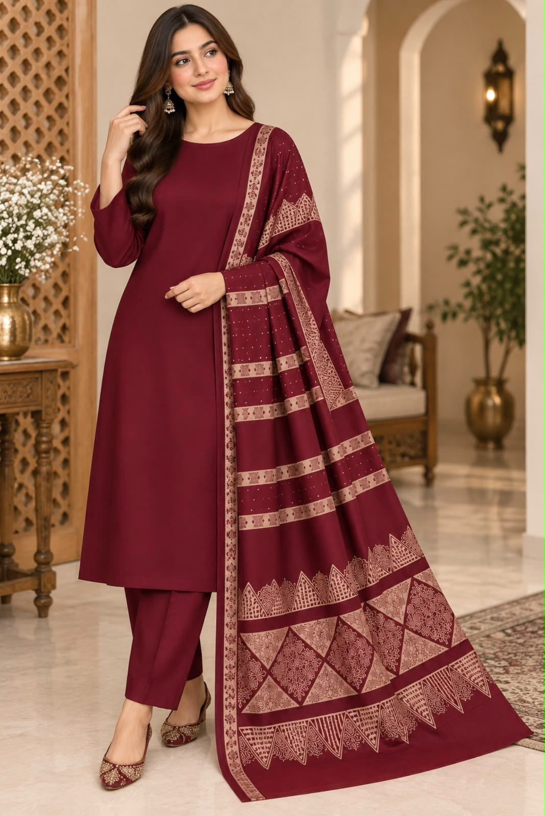 Dhanak wool 3 PC with Brosha Square strips same Shawl-Meroon