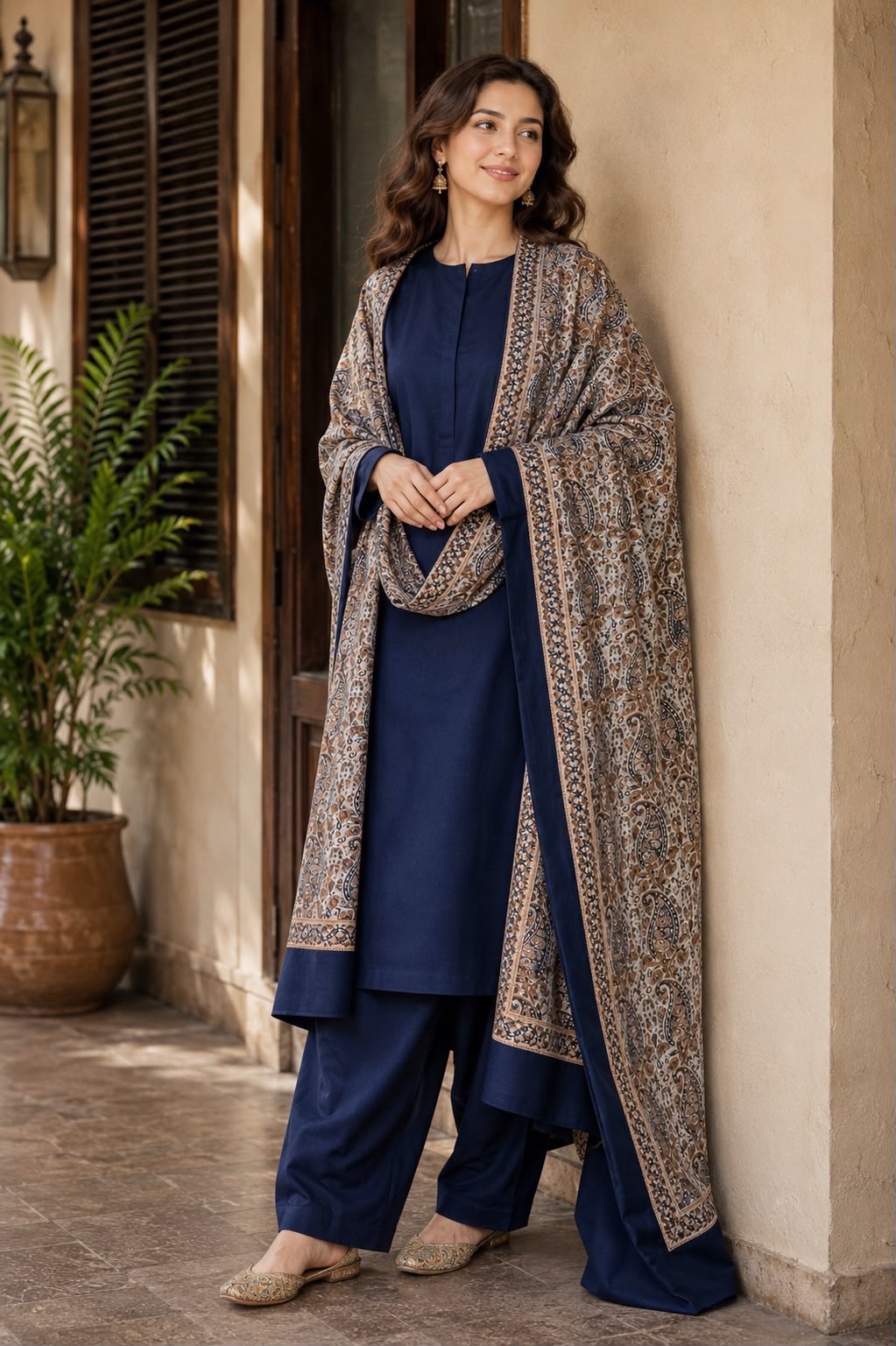 Turkish Jacquard Shawl-Dark Navy