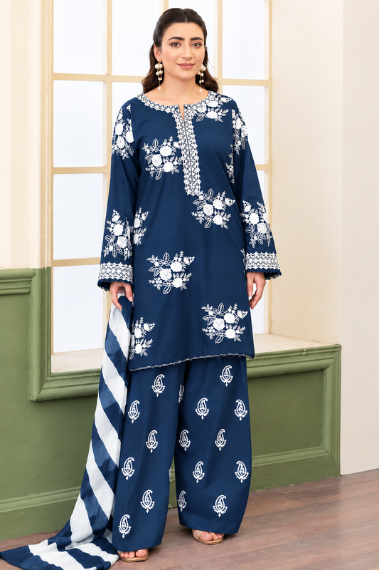 Midnight Bloom – 3 Piece Embroidered dhanak wool-Navy