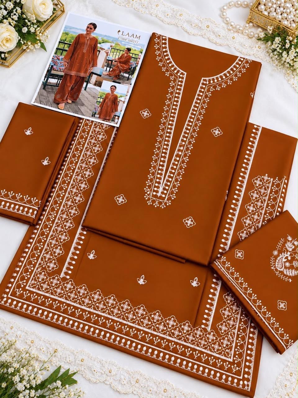 Laam 2 PC Trouser Embroidery-Rust TS