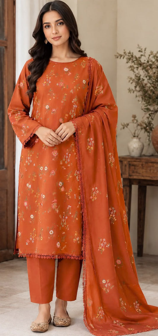 Floral Dhanak wool 3 PC-Rusty Orange