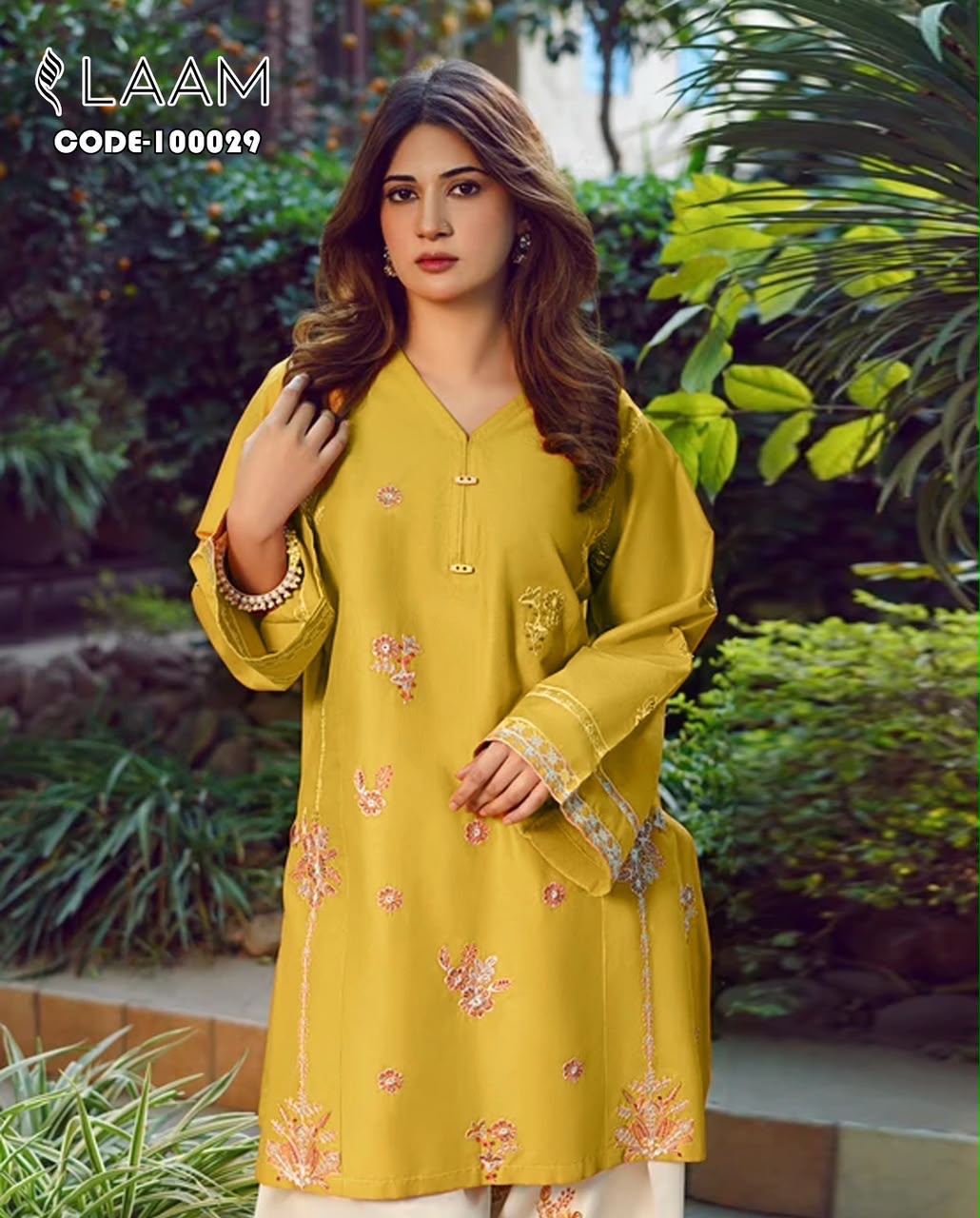 Laam 2 PC Trouser Multi Embroidery Mustard -TS