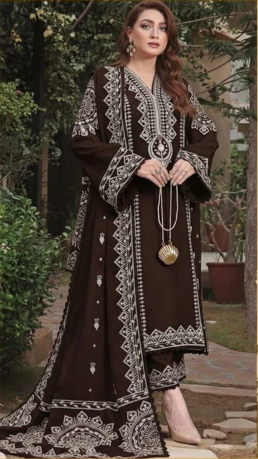 Embroidered 3pc Aneela's-Chocolate